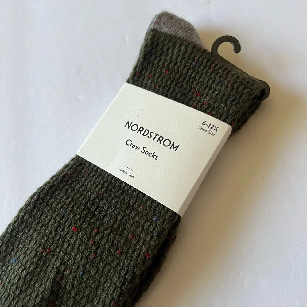 NORDSTROM MENS CREW SOCKS ACRYLIC/WOOL BLEND OLIVE HEATHER OS NWT